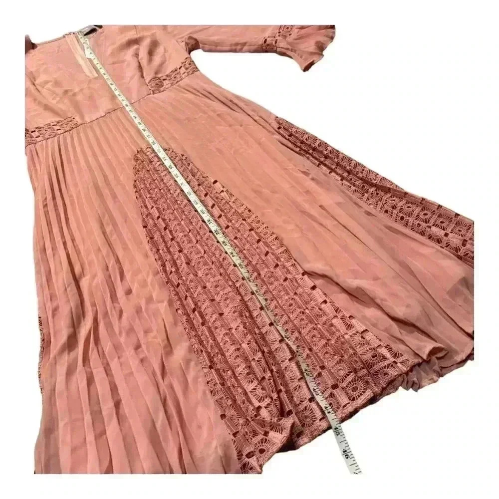 ASOS NWT Rose Pink Lace, Ruffle, Pleating Details Long Sleeve Midi Dress - Picture 9 of 15